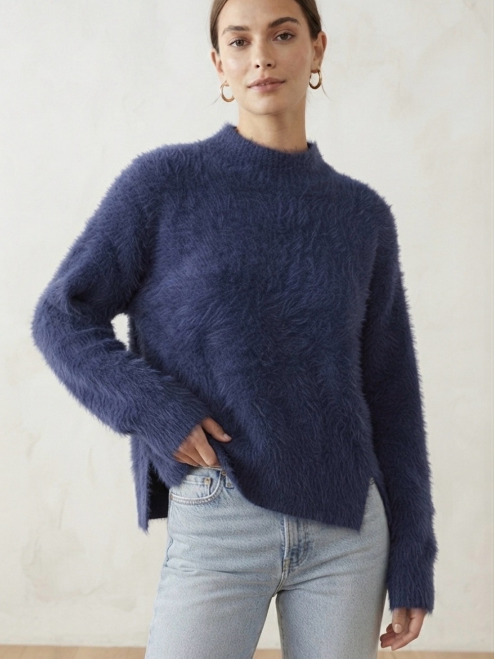 Altar'd State Fuzzy Mock Neck Sweater in Navy Blue